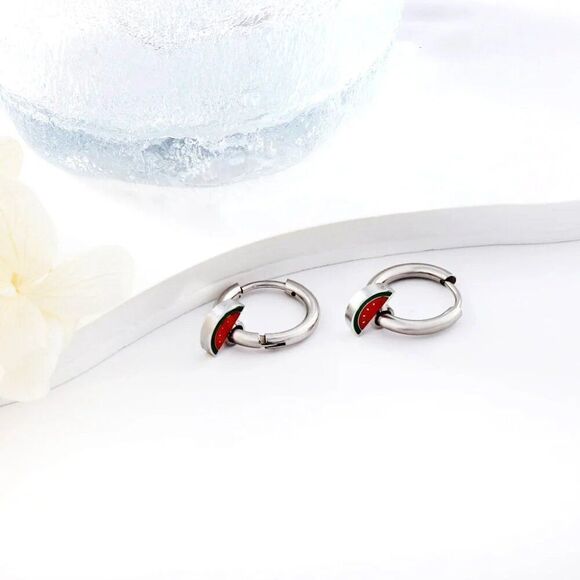 Watermelon Charm Huggie Hoop Earrings in Silver - Picture 4 of 5